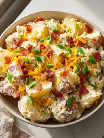 Creamy loaded potato salad with bacon and cheddar on white counter