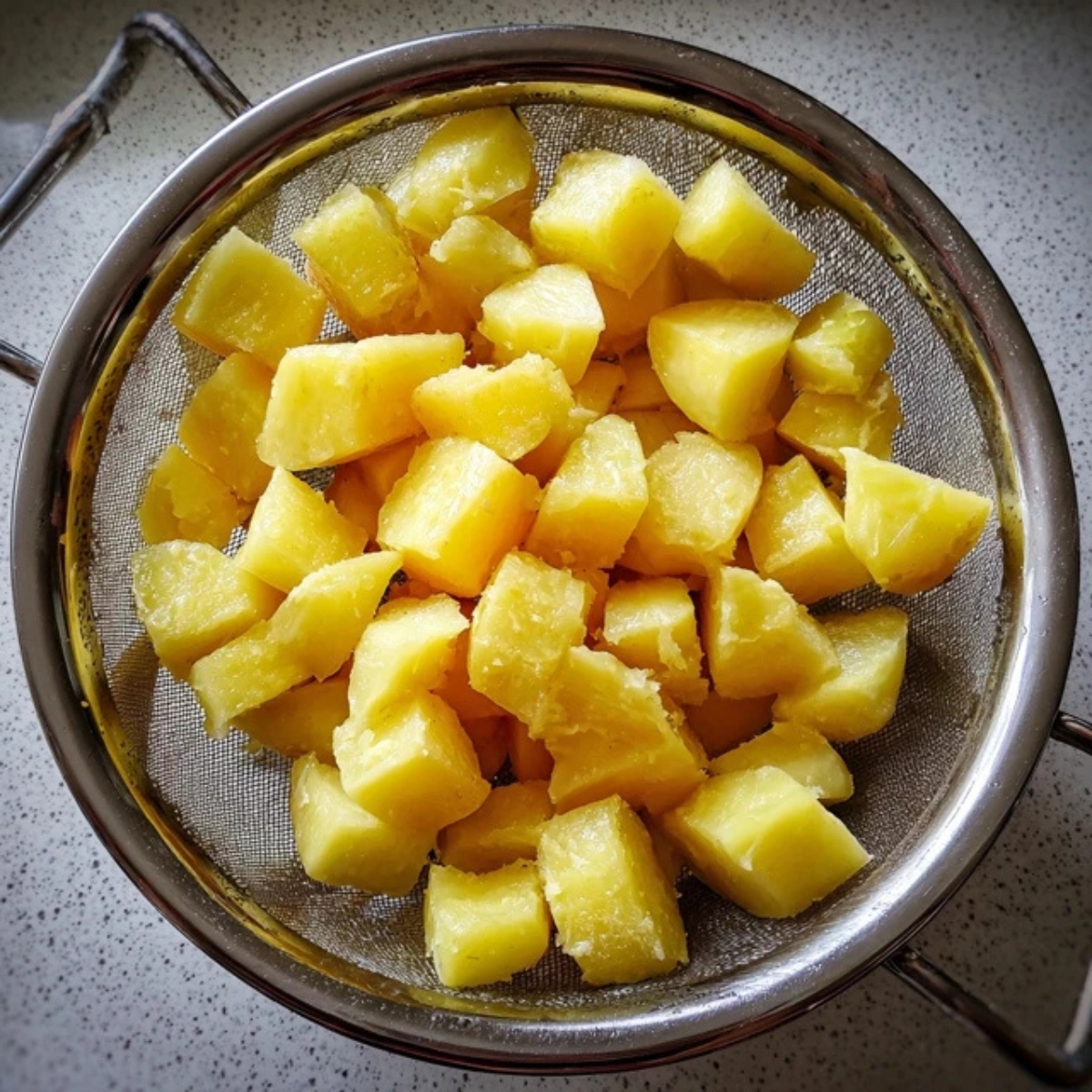 Boiled red potatoes cooling in a colander