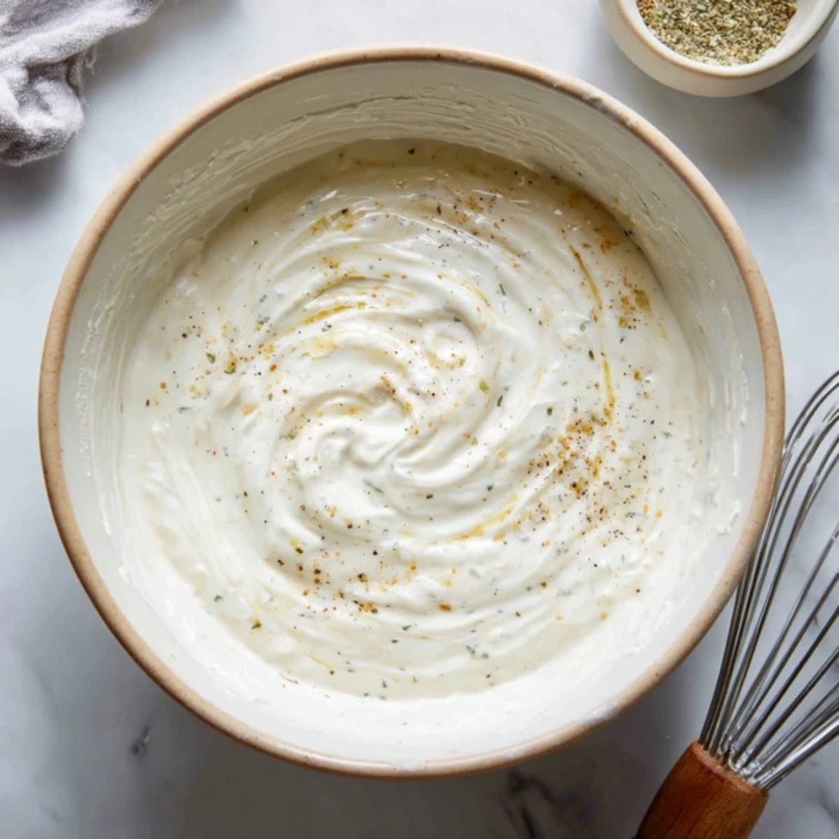 Ranch and sour cream potato salad dressing in bowl