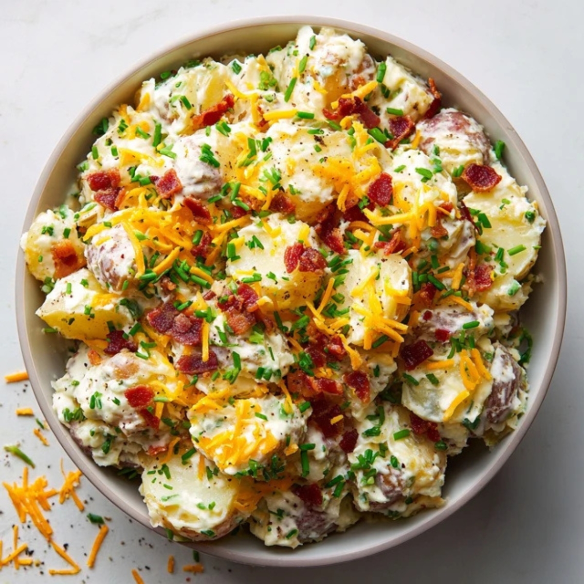 Final loaded potato salad with bacon and chive garnish