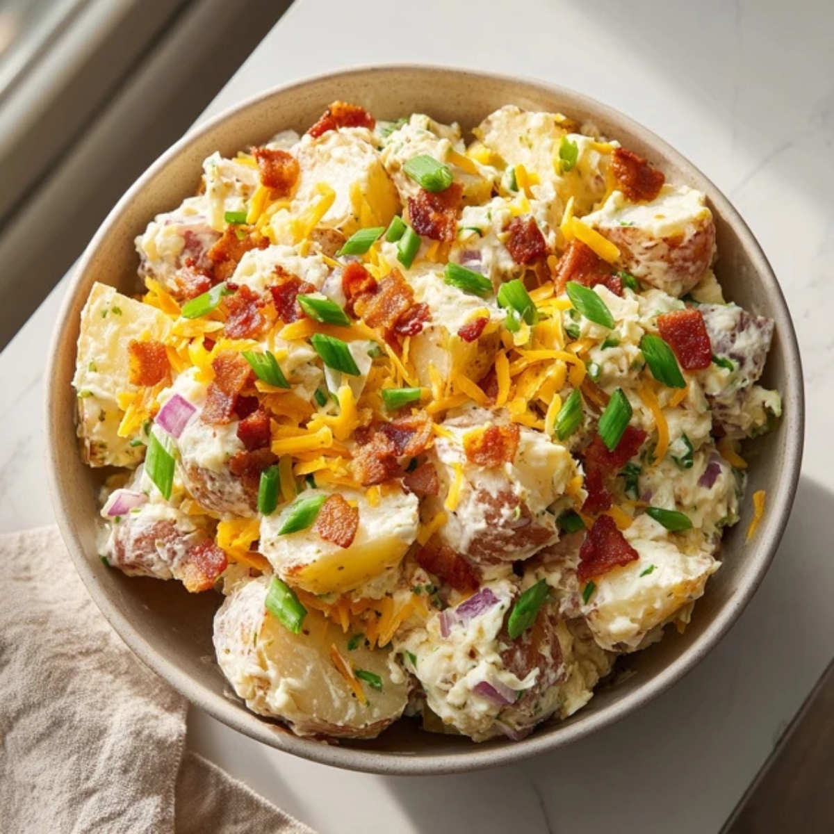 Creamy loaded potato salad with bacon and cheddar on white counter