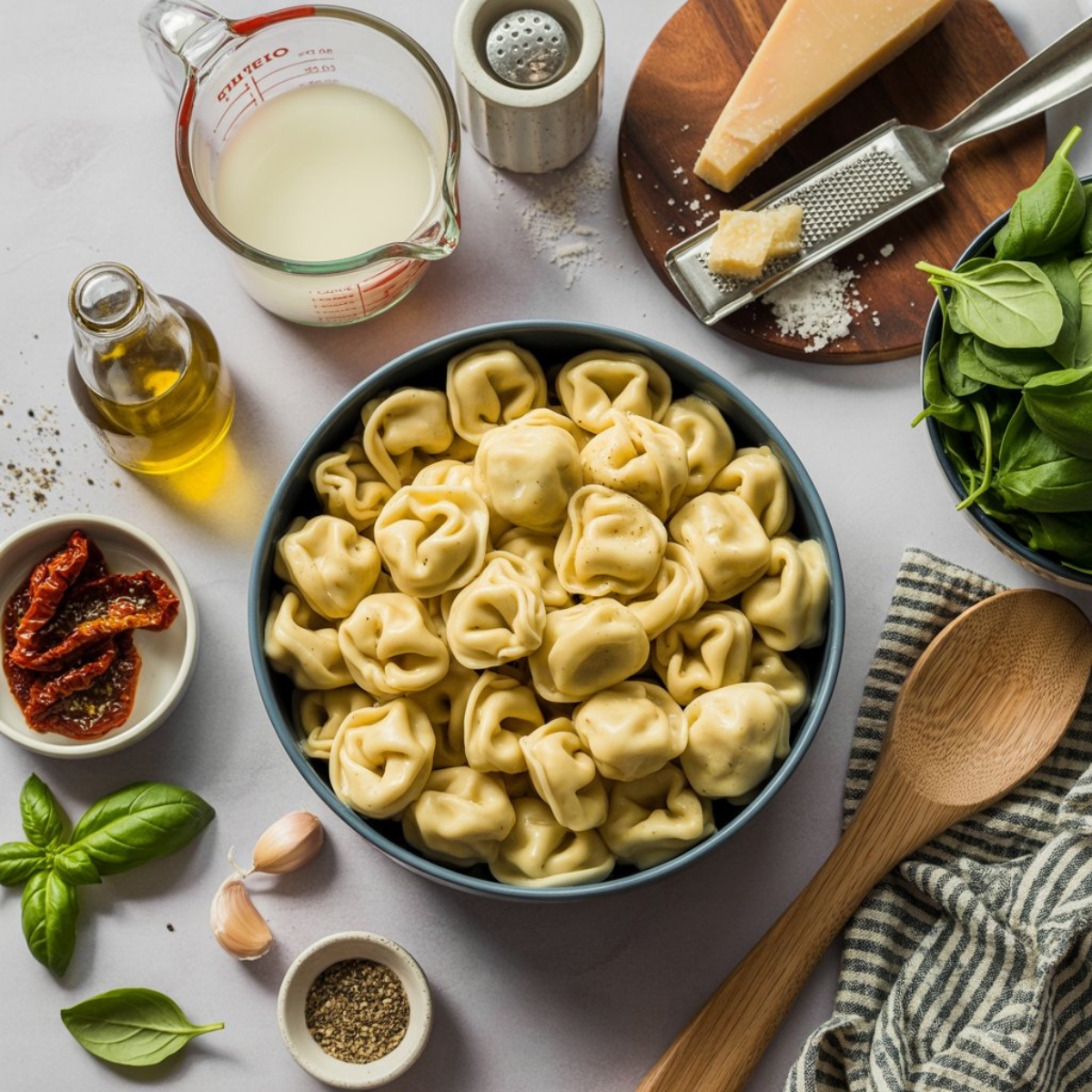top-down view of ingredients for Marry Me Tortellini on white kitchen counter