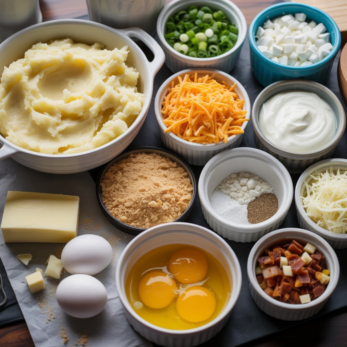 : Ingredients for mashed potato cheese puffs on white kitchen counter
