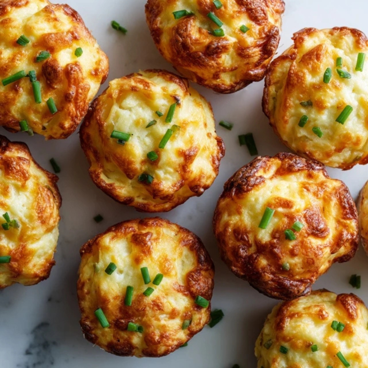 Crispy mashed potato cheese puffs on a white kitchen counter