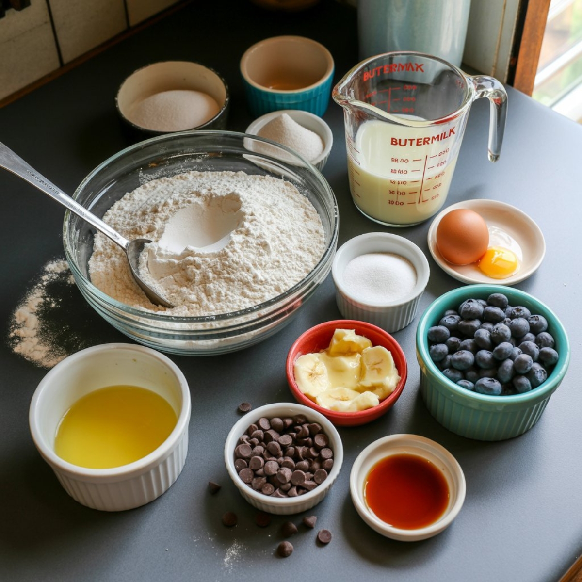 Mini pancake ingredients arranged on white kitchen counter