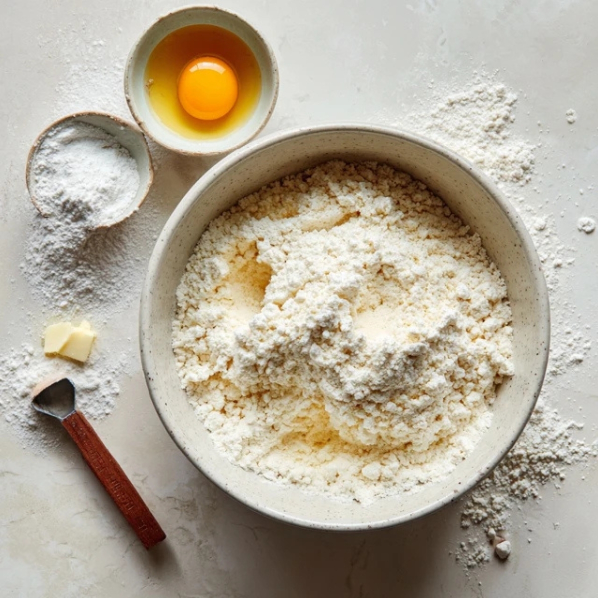 Mini pancake batter resting in mixing bowl on white counter