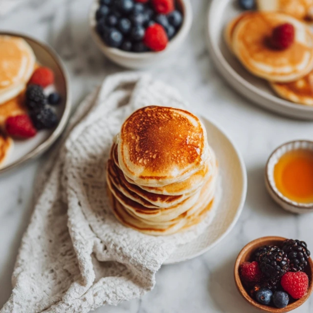 Warm mini pancakes on plate covered with towel