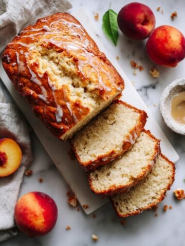 moist homemade nectarine bread sliced on white kitchen counter
