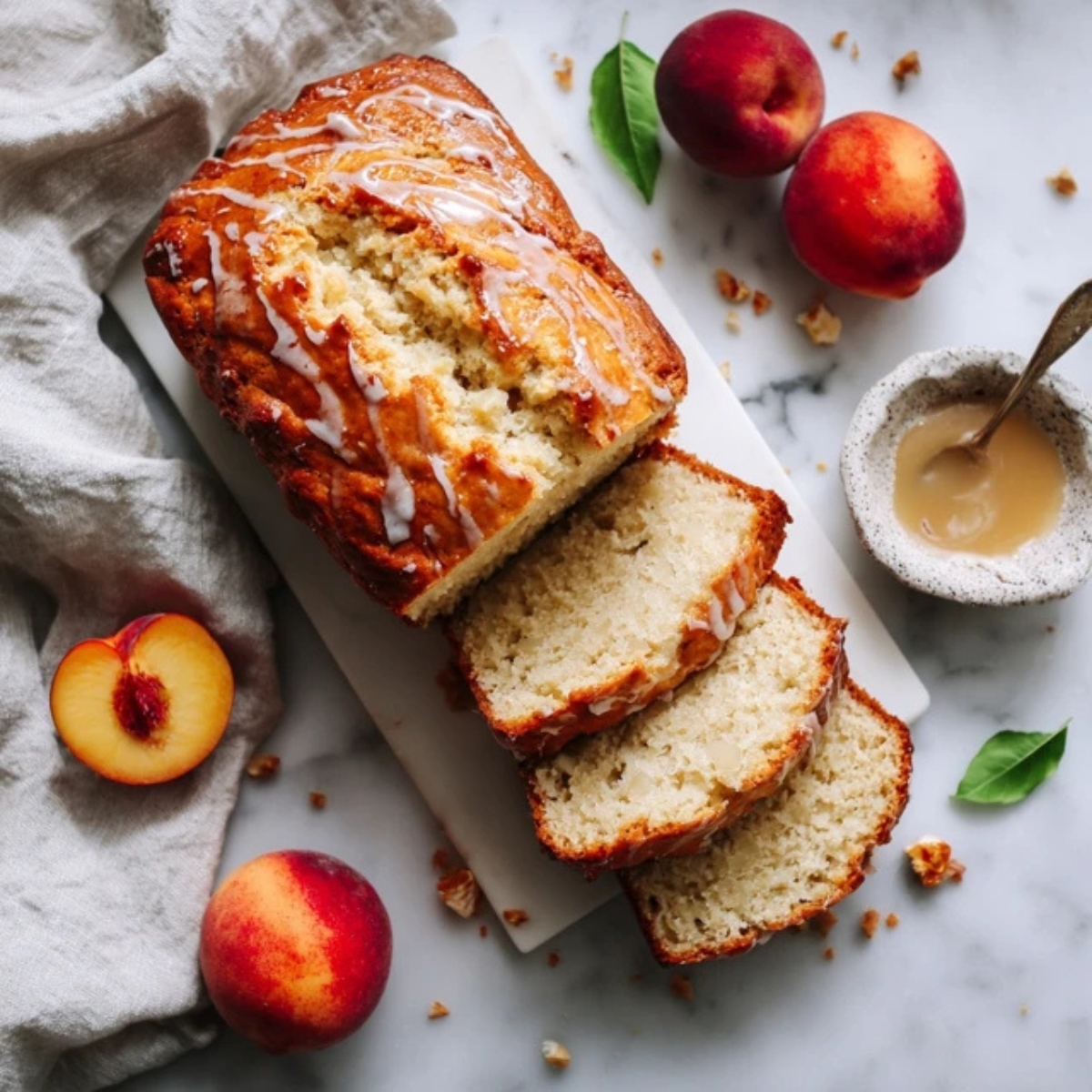 moist homemade nectarine bread sliced on white kitchen counter