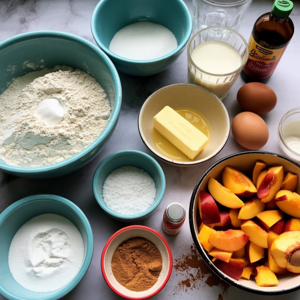 nectarine bread ingredients on white kitchen counter flat lay