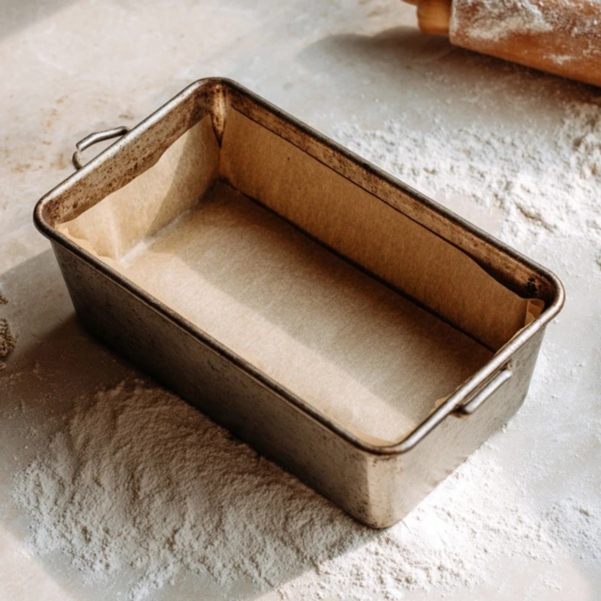 lined loaf pan dusted with flour on white kitchen counter