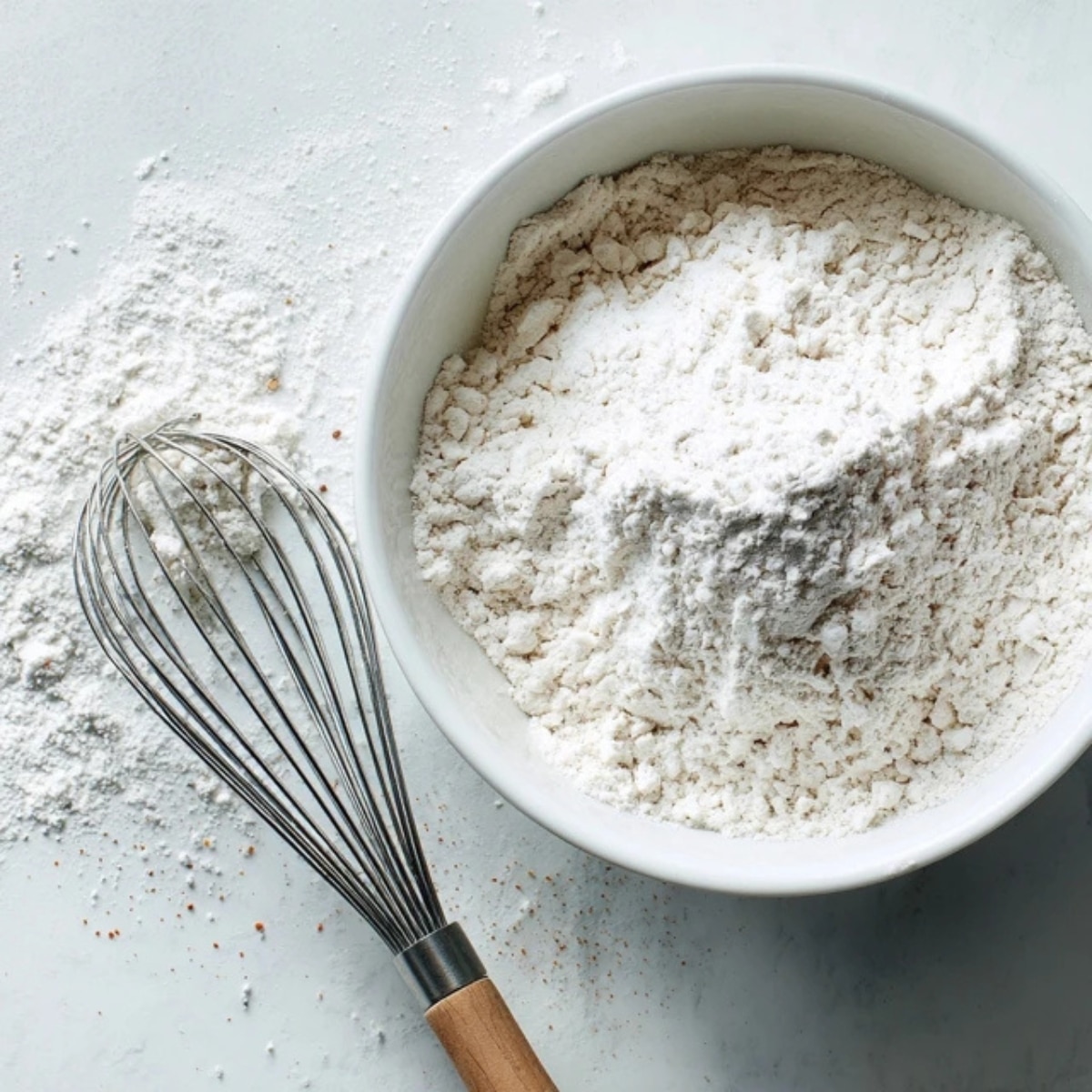 whisked dry ingredients in bowl with flour on kitchen counter