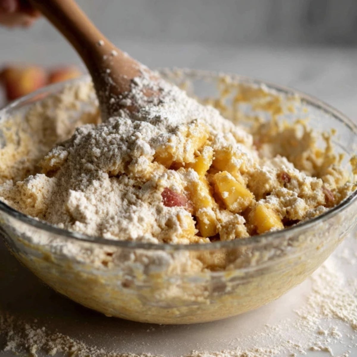 nectarine pieces folded into batter in glass bowl