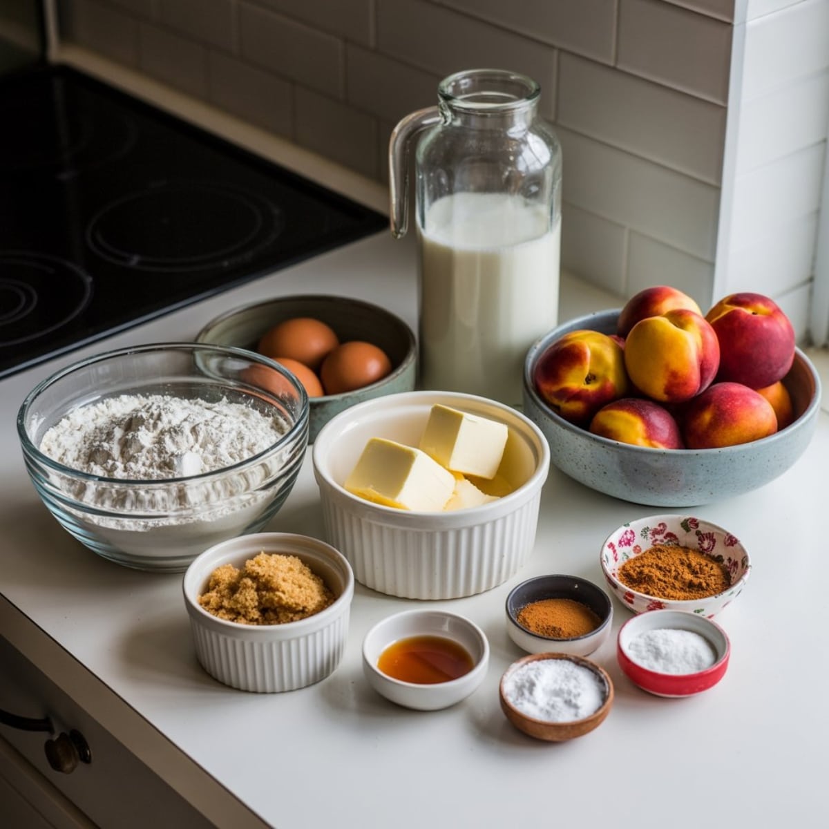 Nectarine cake ingredients on white kitchen counter

