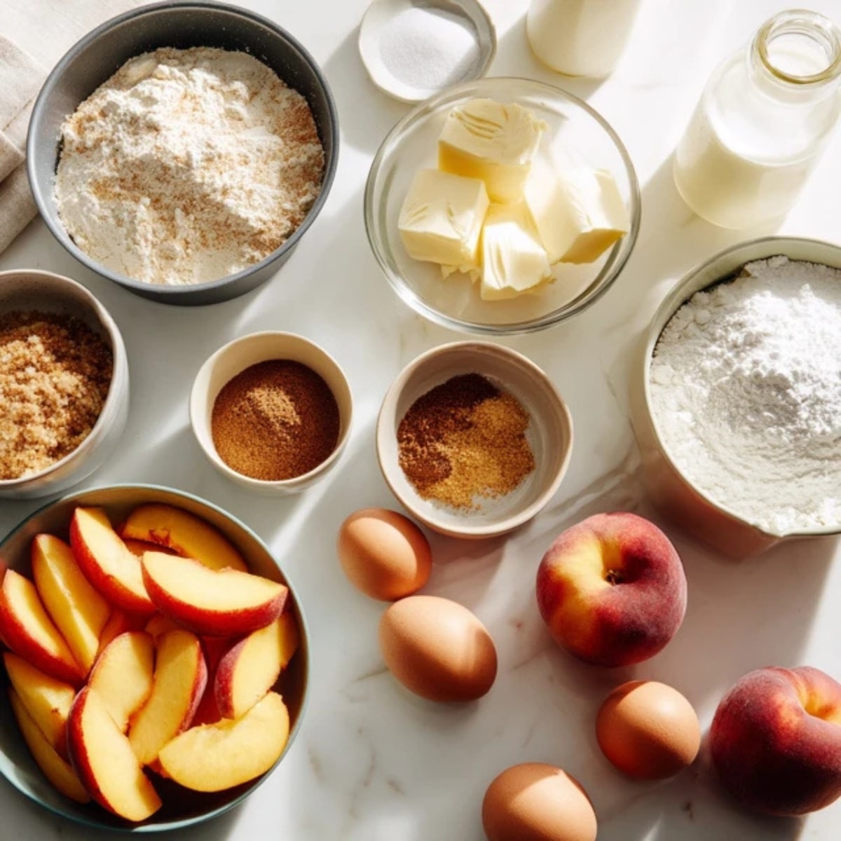 Sliced nectarines and cake ingredients laid out on white kitchen counter


