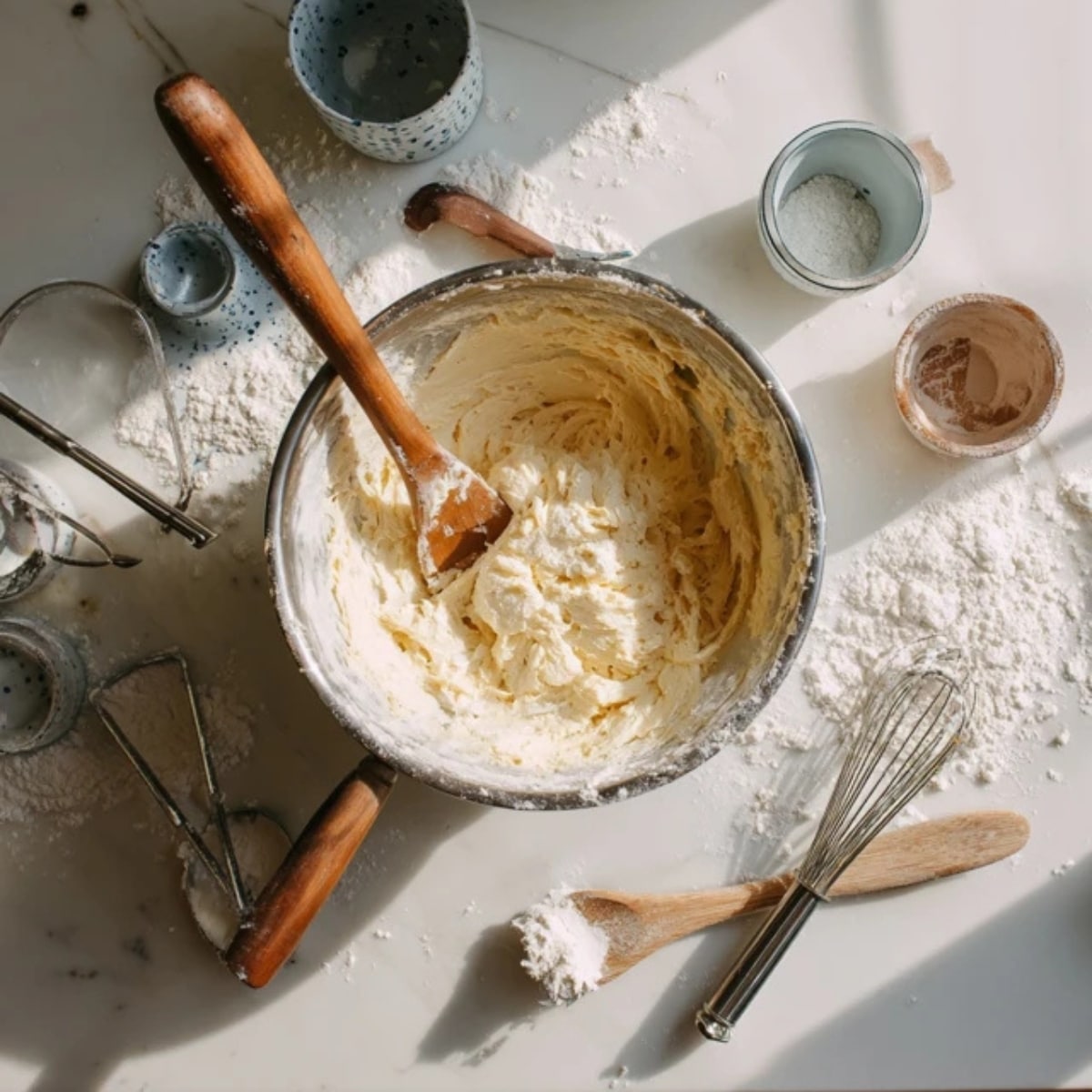 Nectarine cake batter in mixing bowl with flour dust on counter