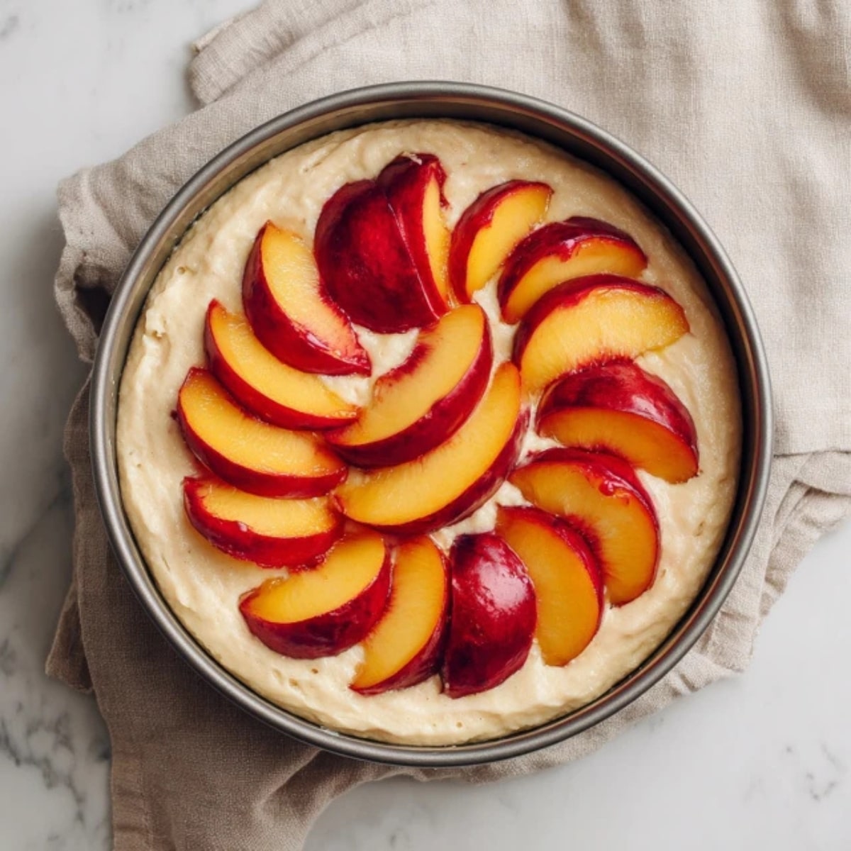 Cake pan with batter and fresh nectarine layer ready to bake