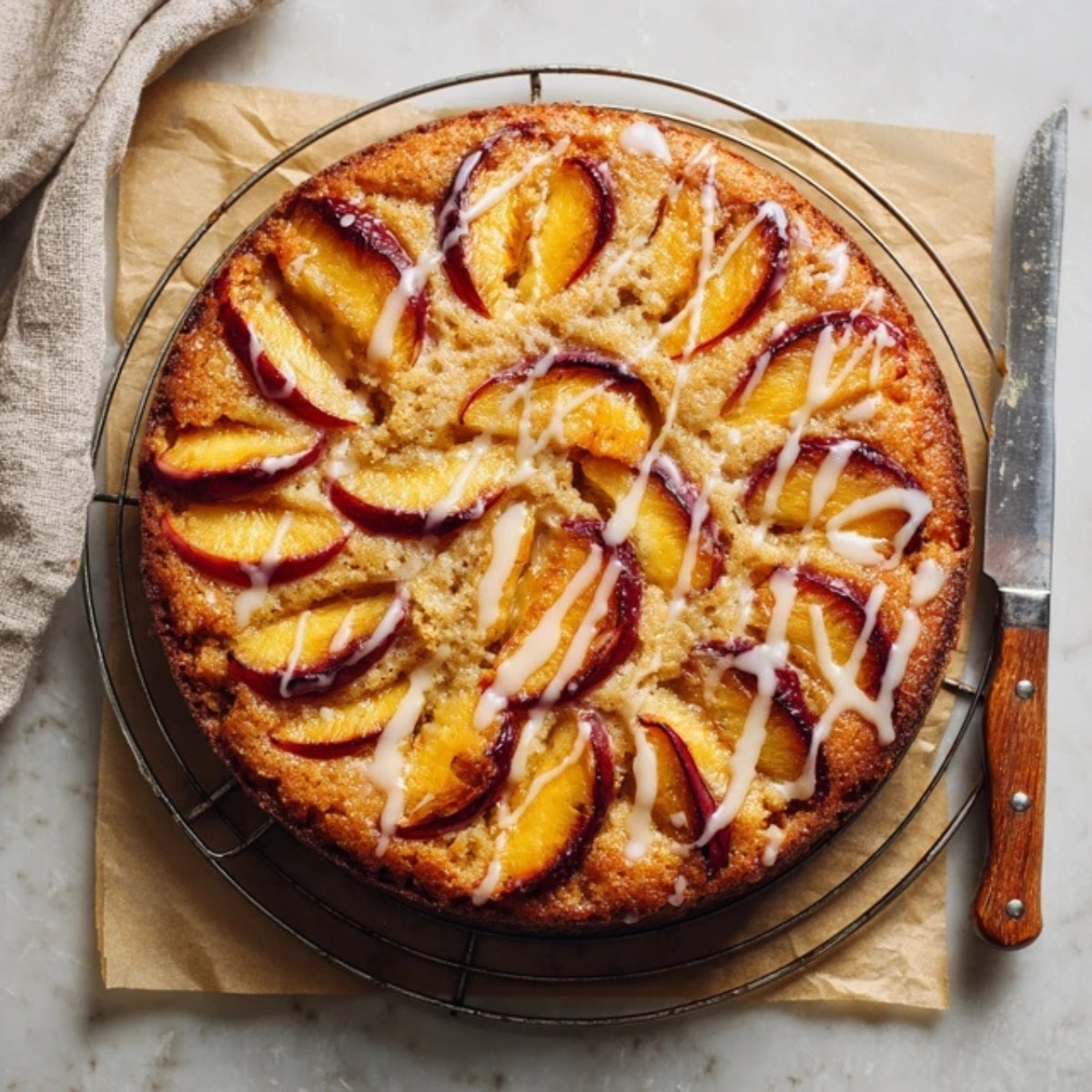 Homemade nectarine cake with glaze cooling on rack