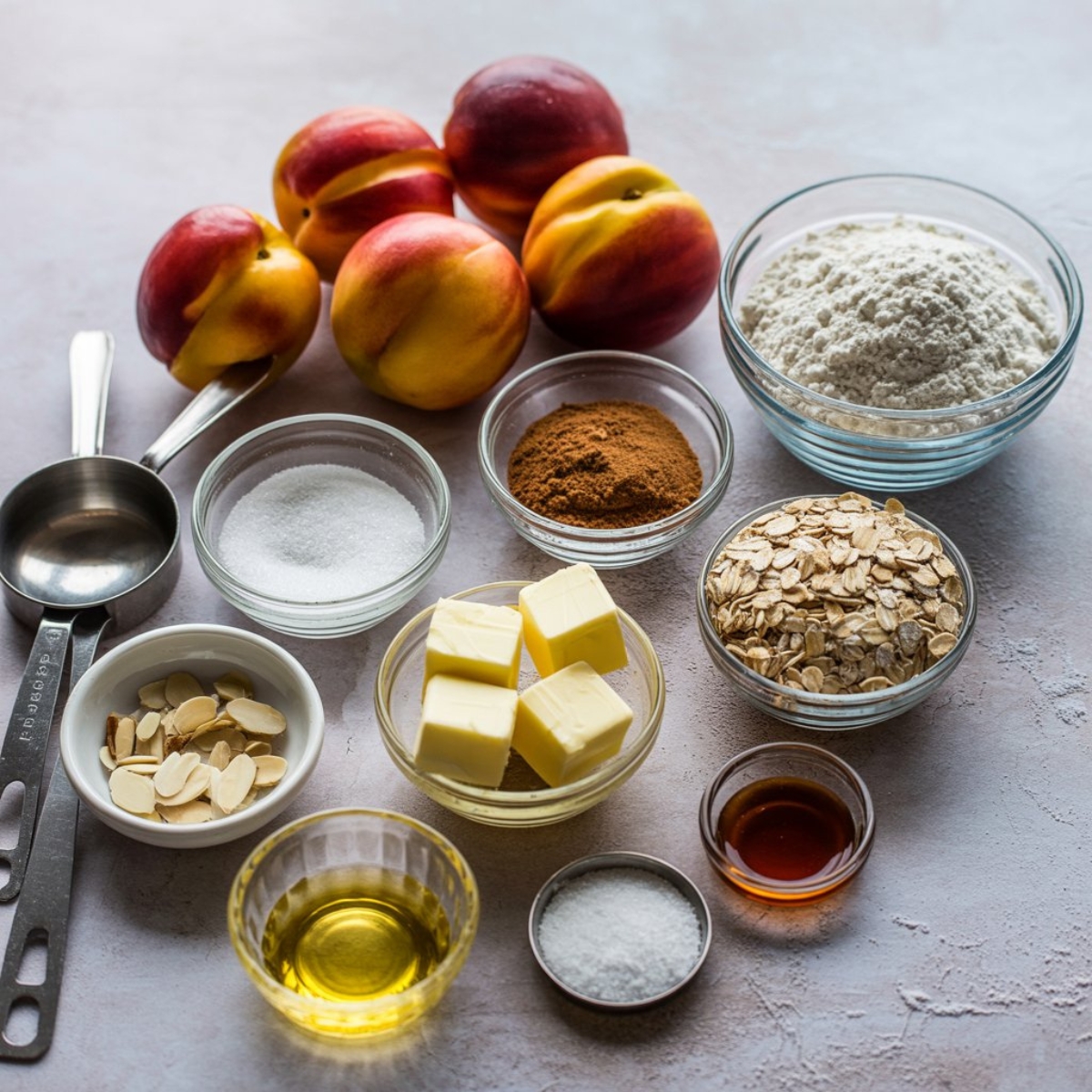 Nectarine crisp ingredients arranged on white kitchen counter

