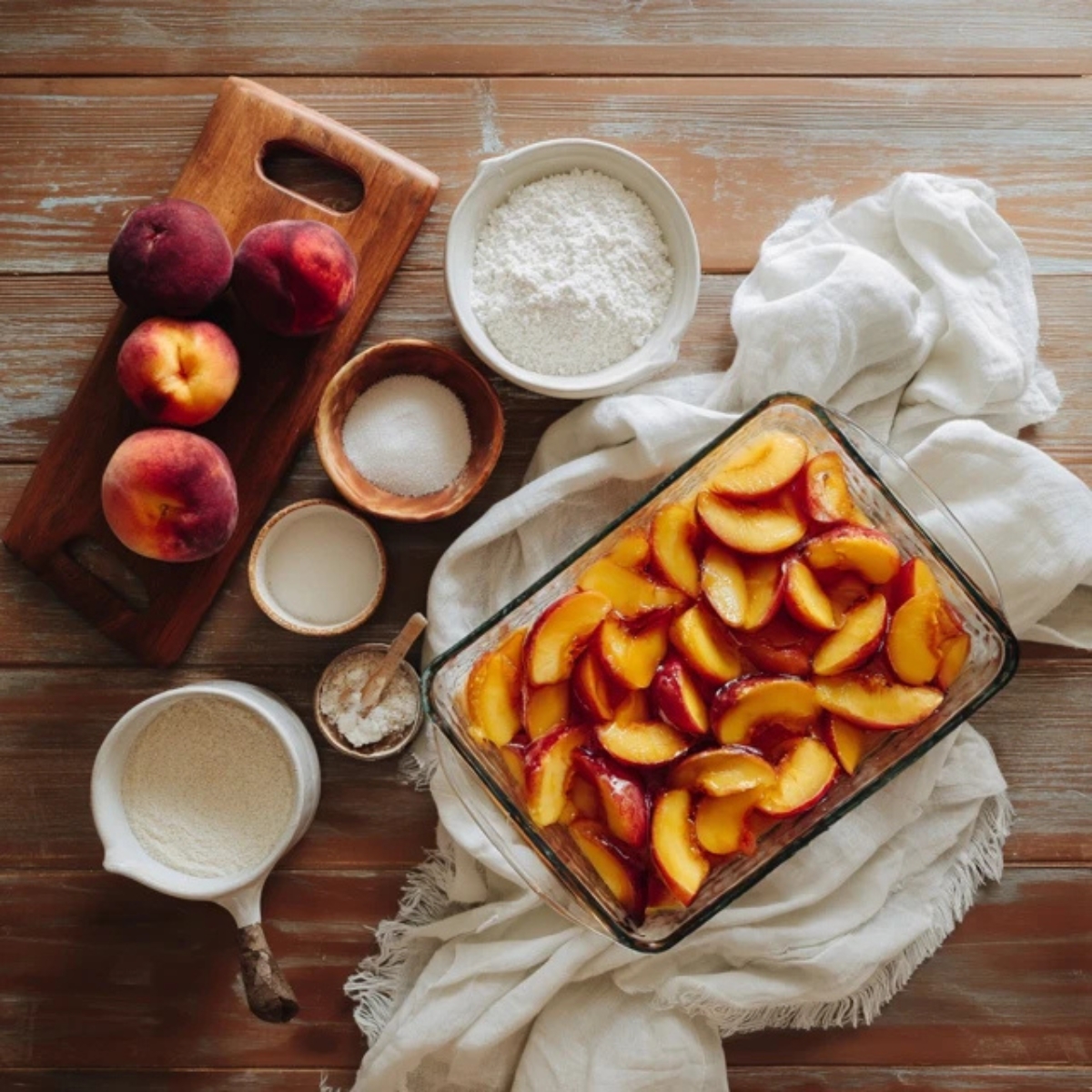 Sliced nectarines and ingredients for crisp on white kitchen counter

