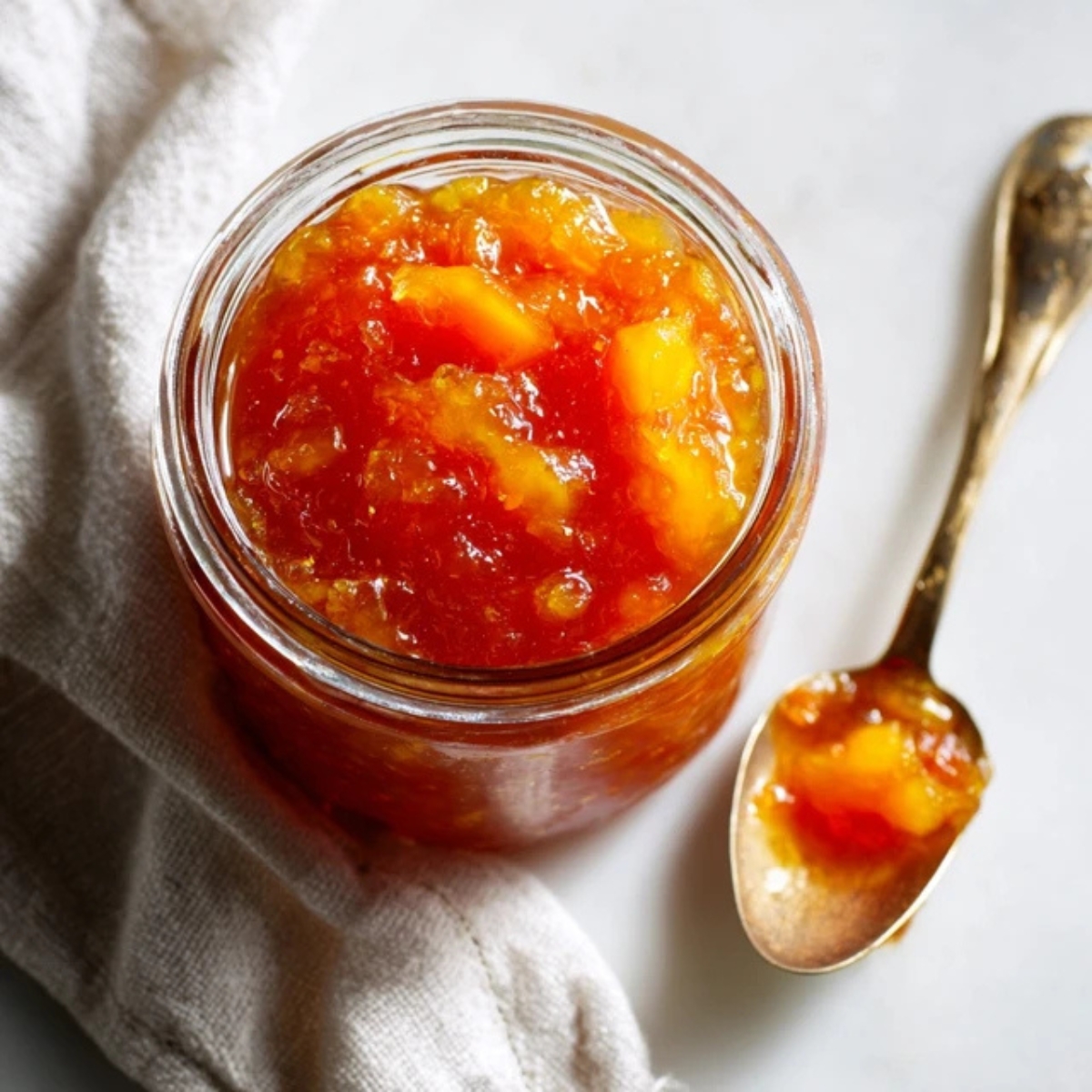 Jar of homemade nectarine jam with spoon on white counter

