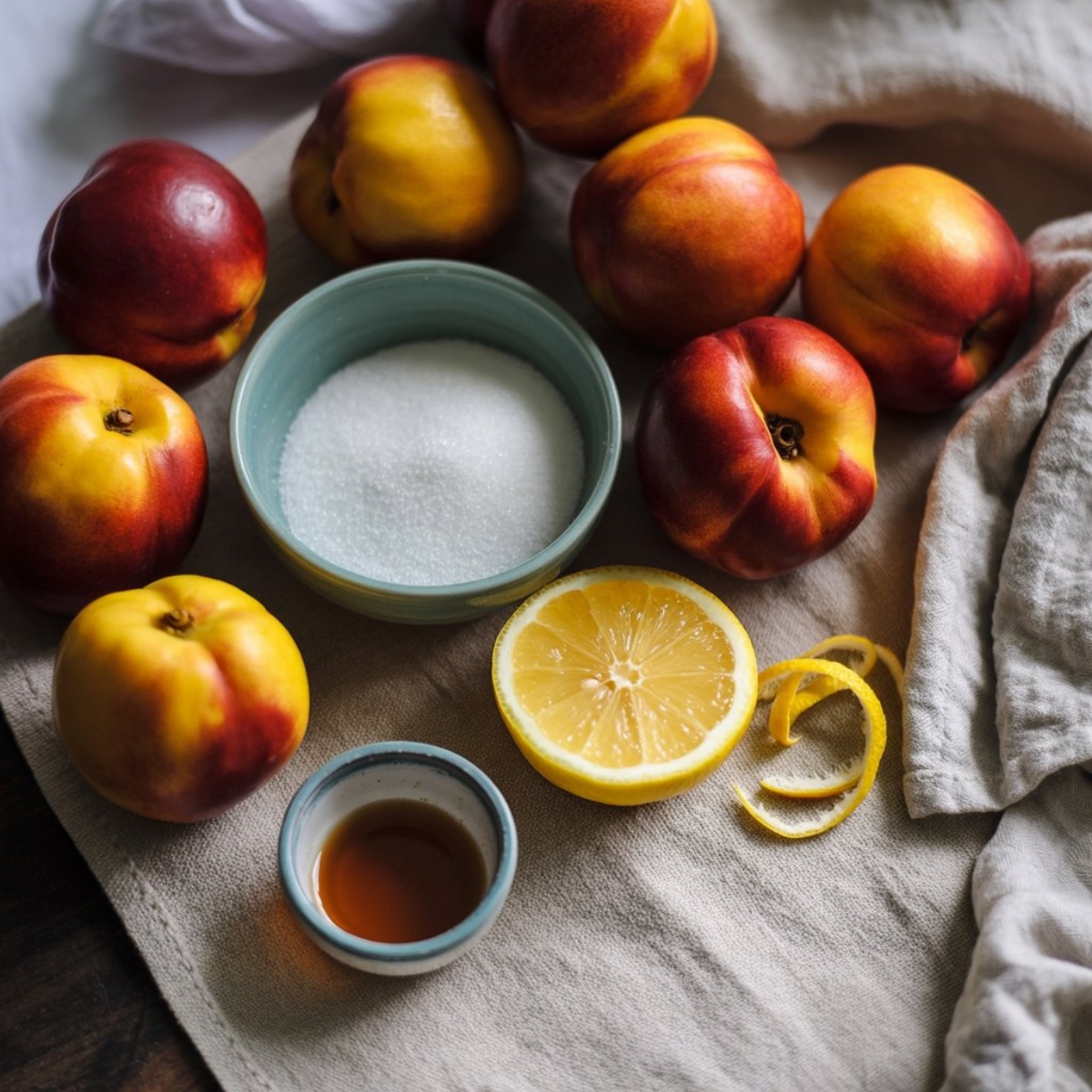 Ingredients for homemade nectarine jam on white counter

