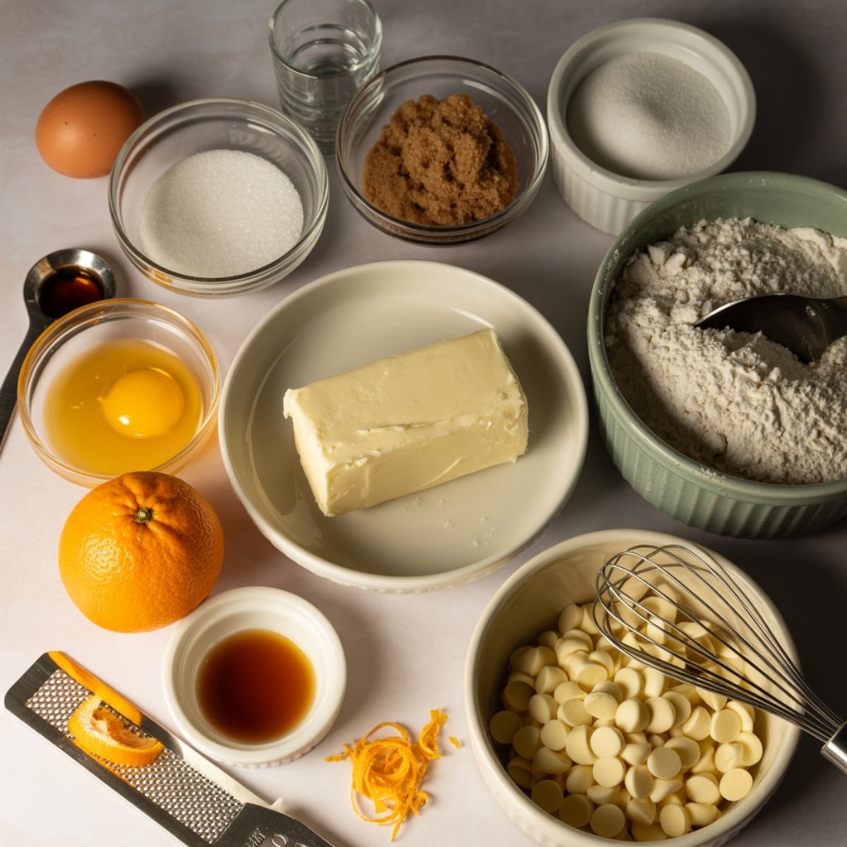 Orange creamsicle cookie ingredients laid out on white kitchen counter

