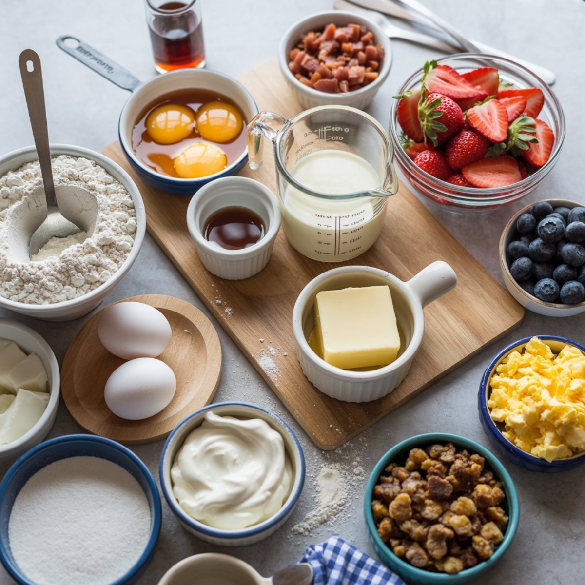 Ingredients for pancake tacos with sweet and savory toppings on white counter