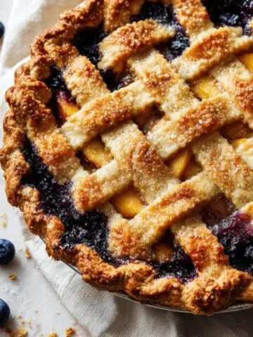 Whole peach blueberry pie with rustic lattice crust on white kitchen counter