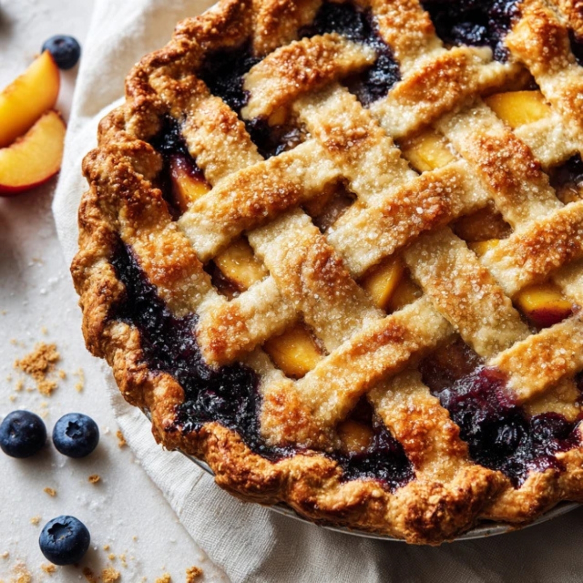 Whole peach blueberry pie with rustic lattice crust on white kitchen counter