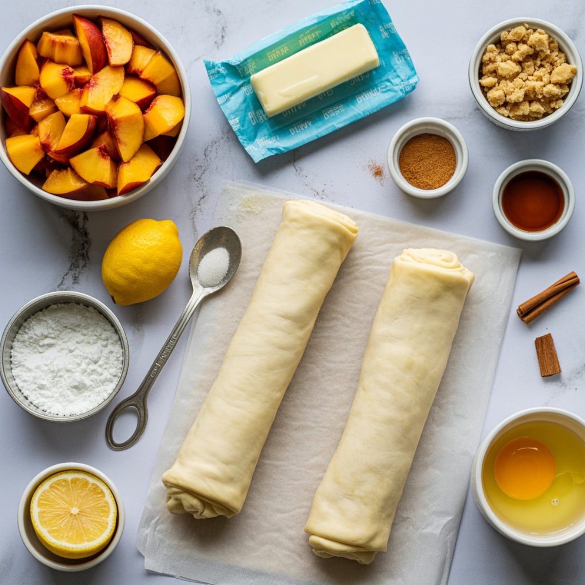 Ingredients for peach pie cruffins on white kitchen counter

