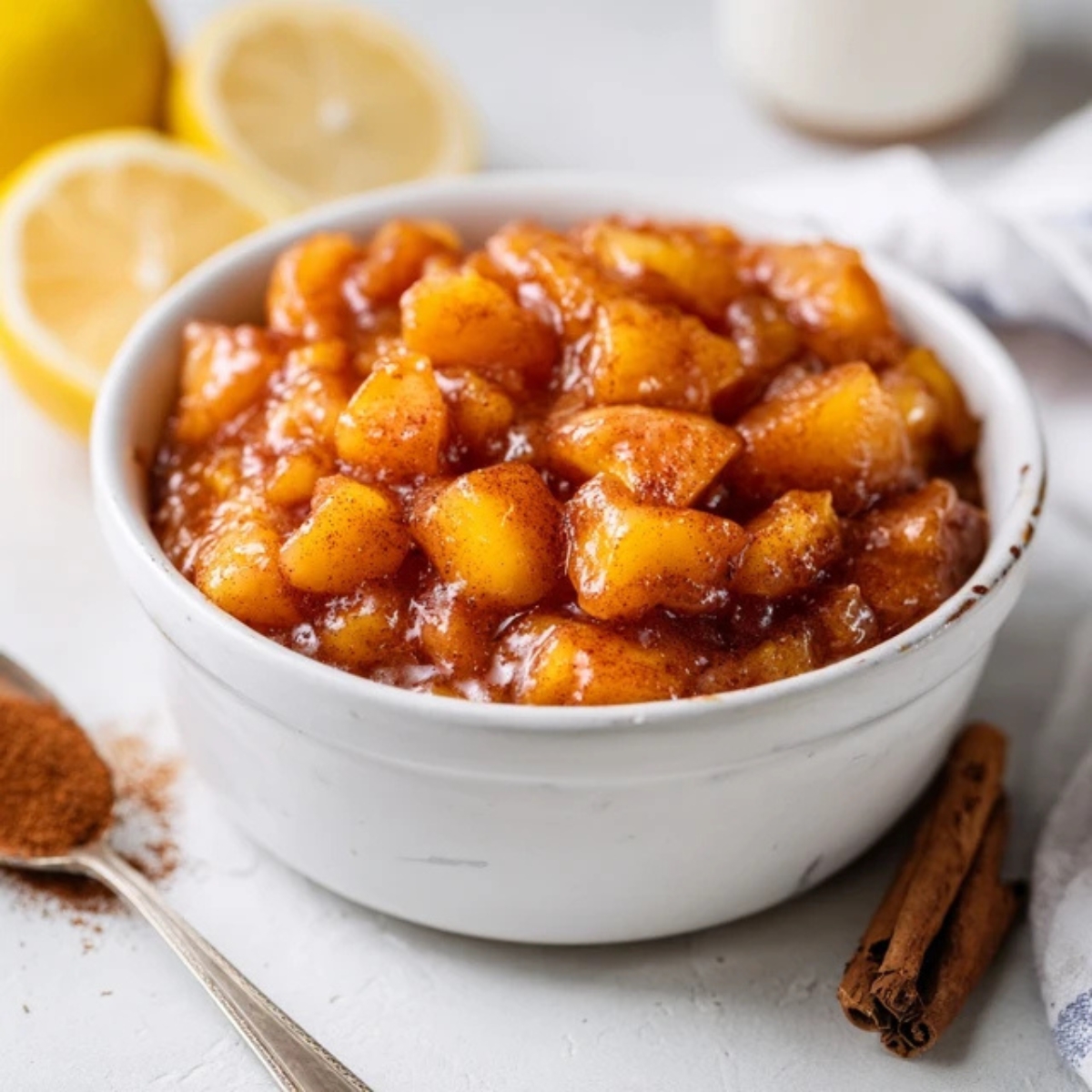 Homemade peach filling with cinnamon in bowl