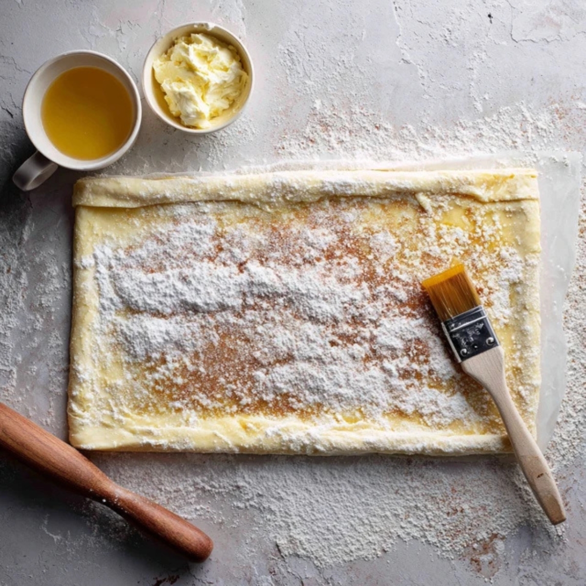Puff pastry sheet with butter, cinnamon sugar, and peach filling