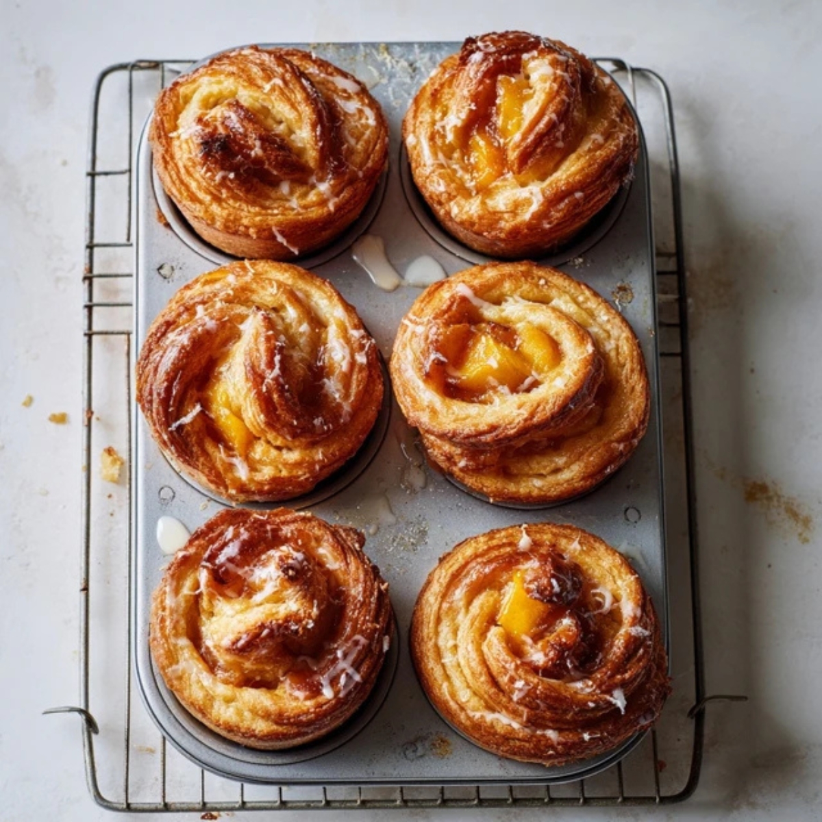 Baked peach cruffins cooling in muffin tin