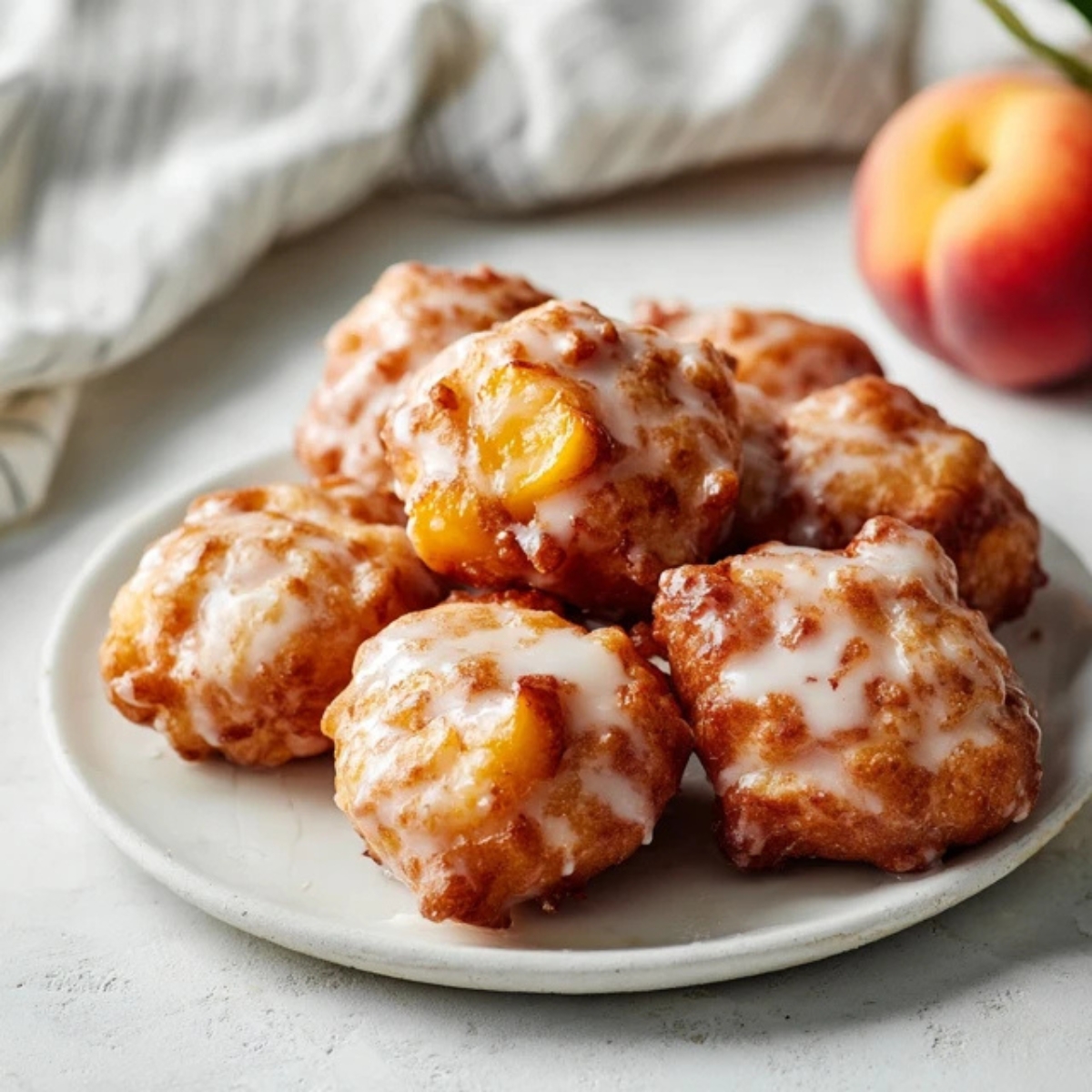 Closeup of glazed fresh peach fritters on a white plate