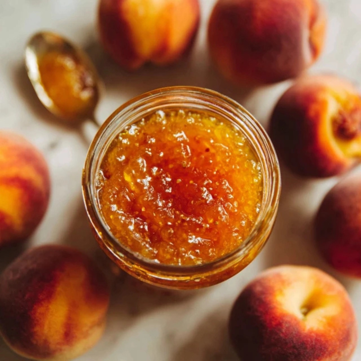 open jar of peach jam recipe with spoon and toast on white counter
