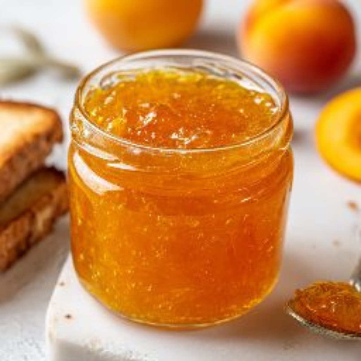 jar of homemade peach jelly on white kitchen counter