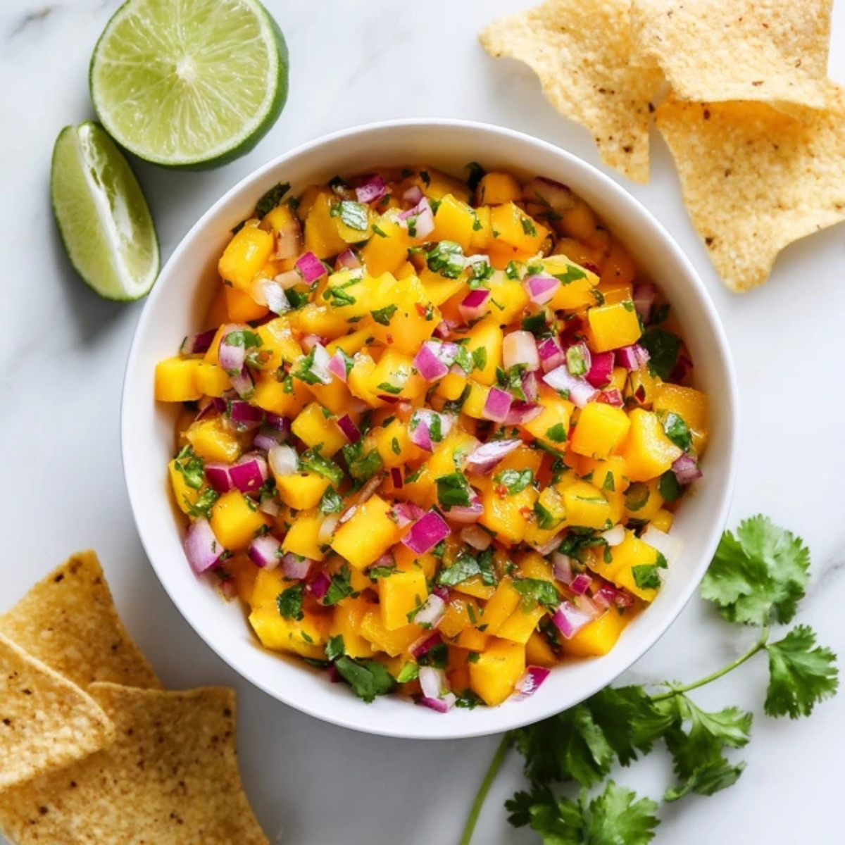 Homemade peach mango salsa with chips on white kitchen counter

