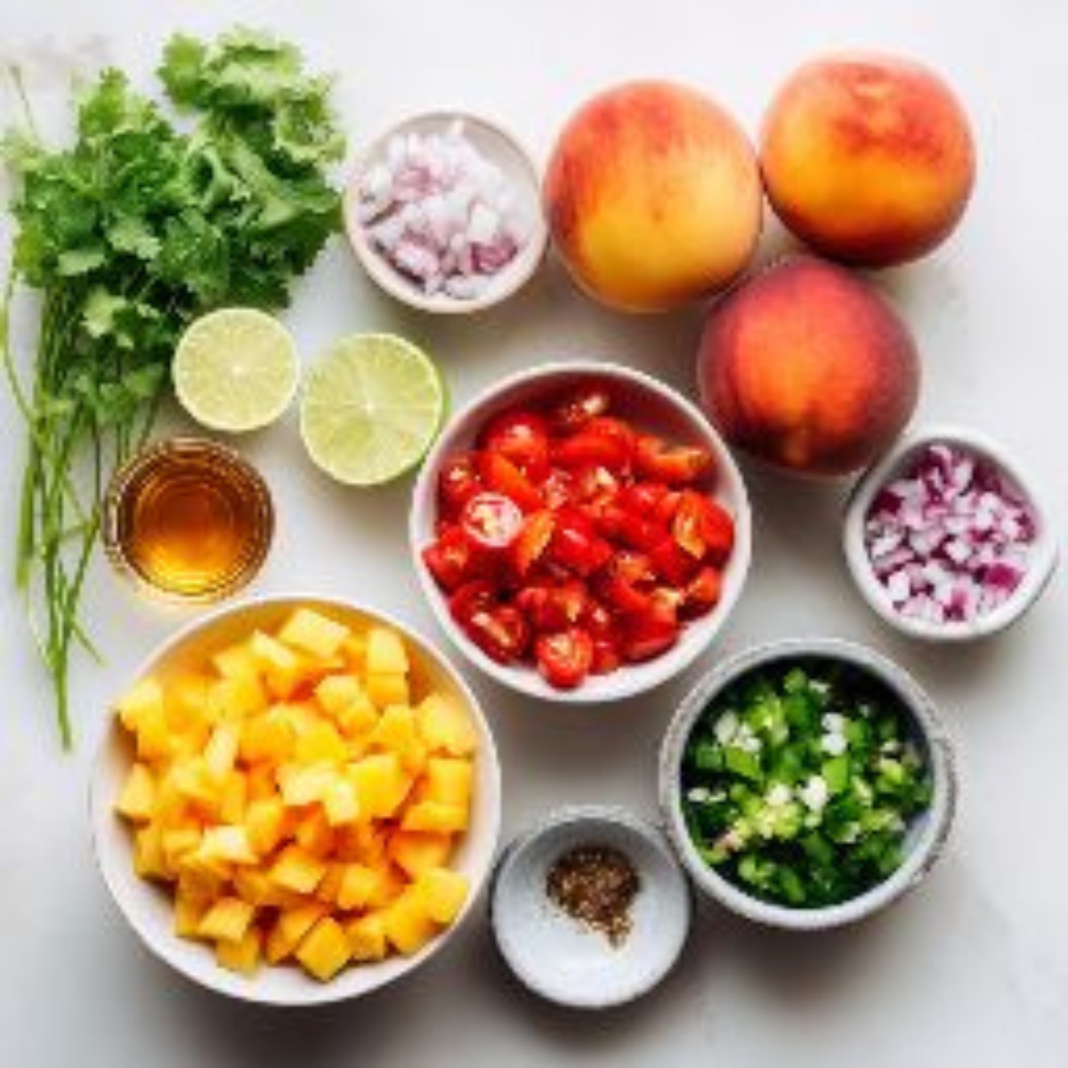 Fresh ingredients for peach mango salsa on white counter

