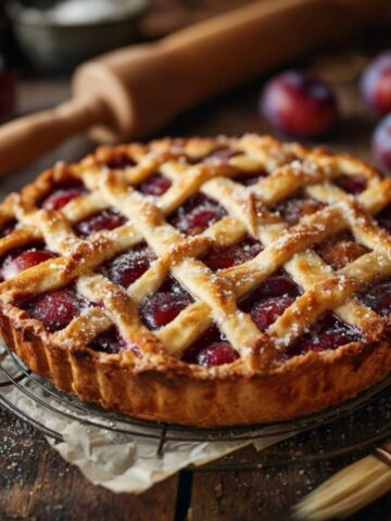 Golden homemade plum pie with lattice crust on white kitchen counter