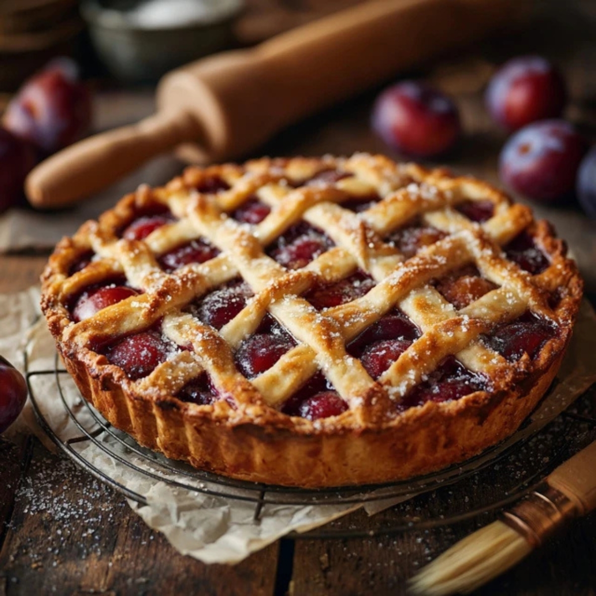Golden homemade plum pie with lattice crust on white kitchen counter