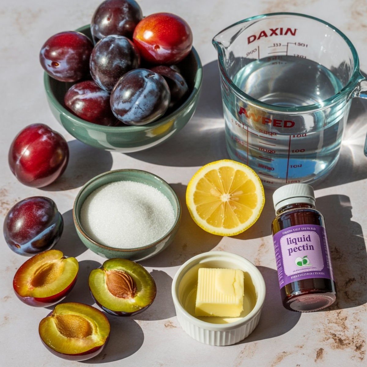 Plum jelly ingredients including fresh plums, sugar, lemon, and pectin on white kitchen counter


