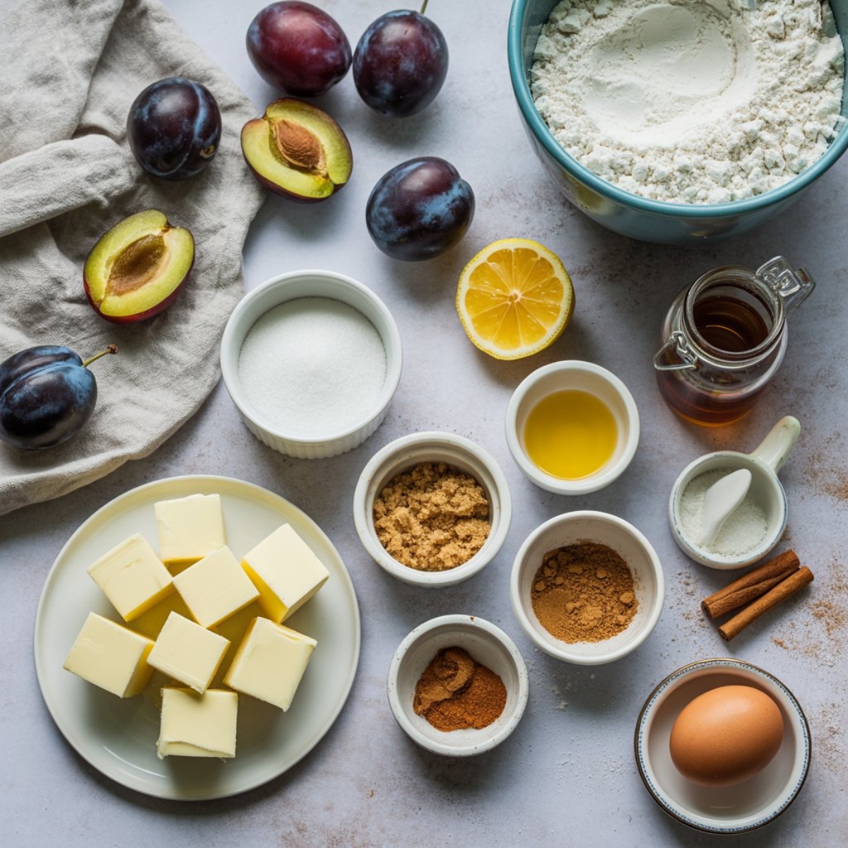 Homemade plum pie recipe ingredients arranged on white kitchen counter