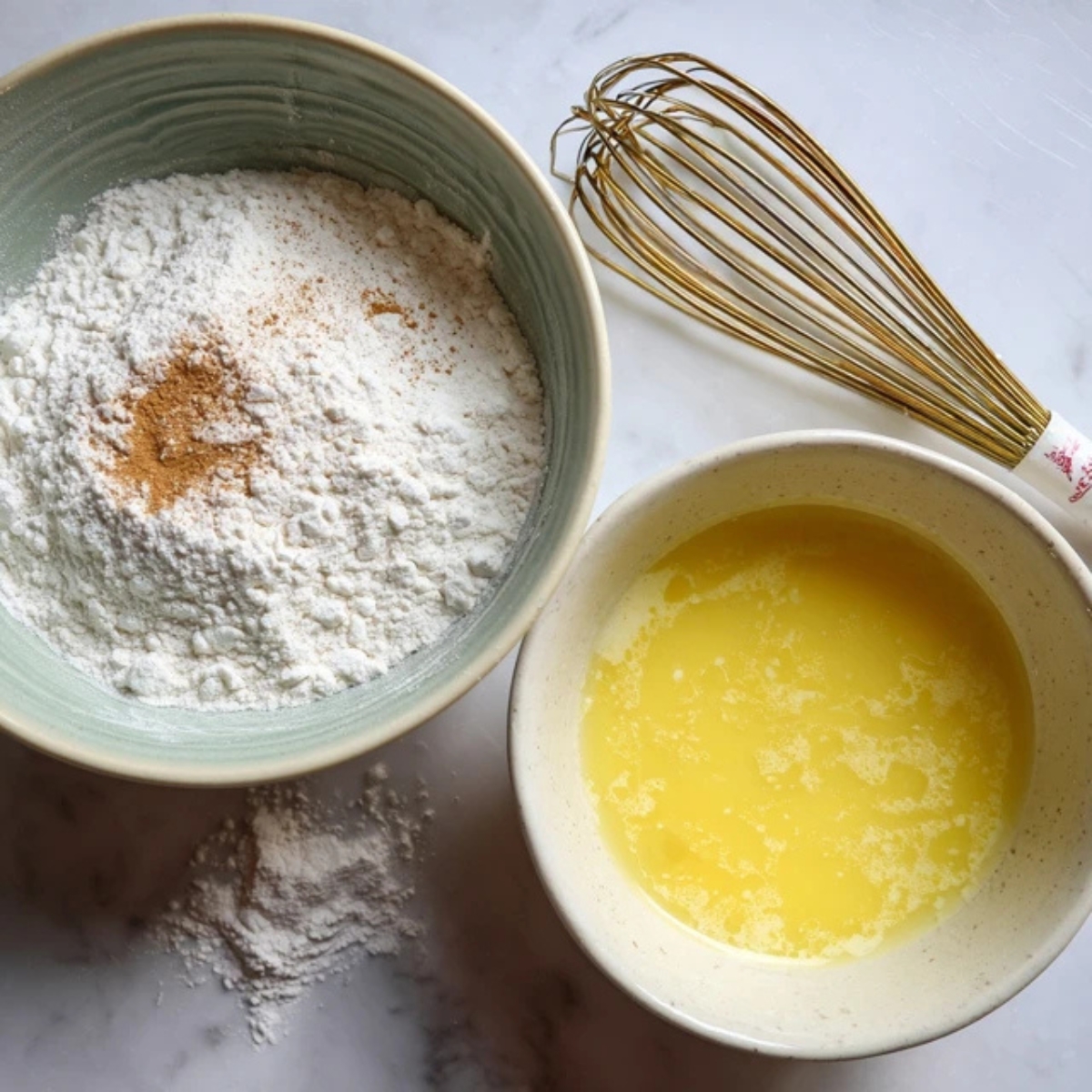  Mixing bowls with dry and wet ingredients for peach bread