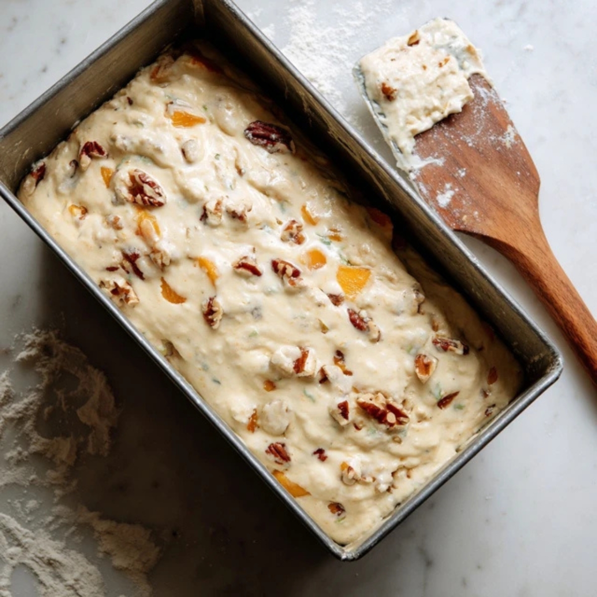 Peach bread batter in loaf pan ready to bake