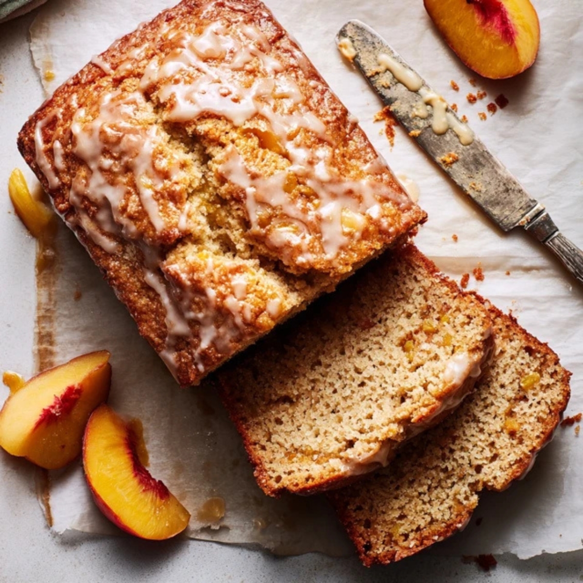 Sliced Southern peach bread on white kitchen counter

