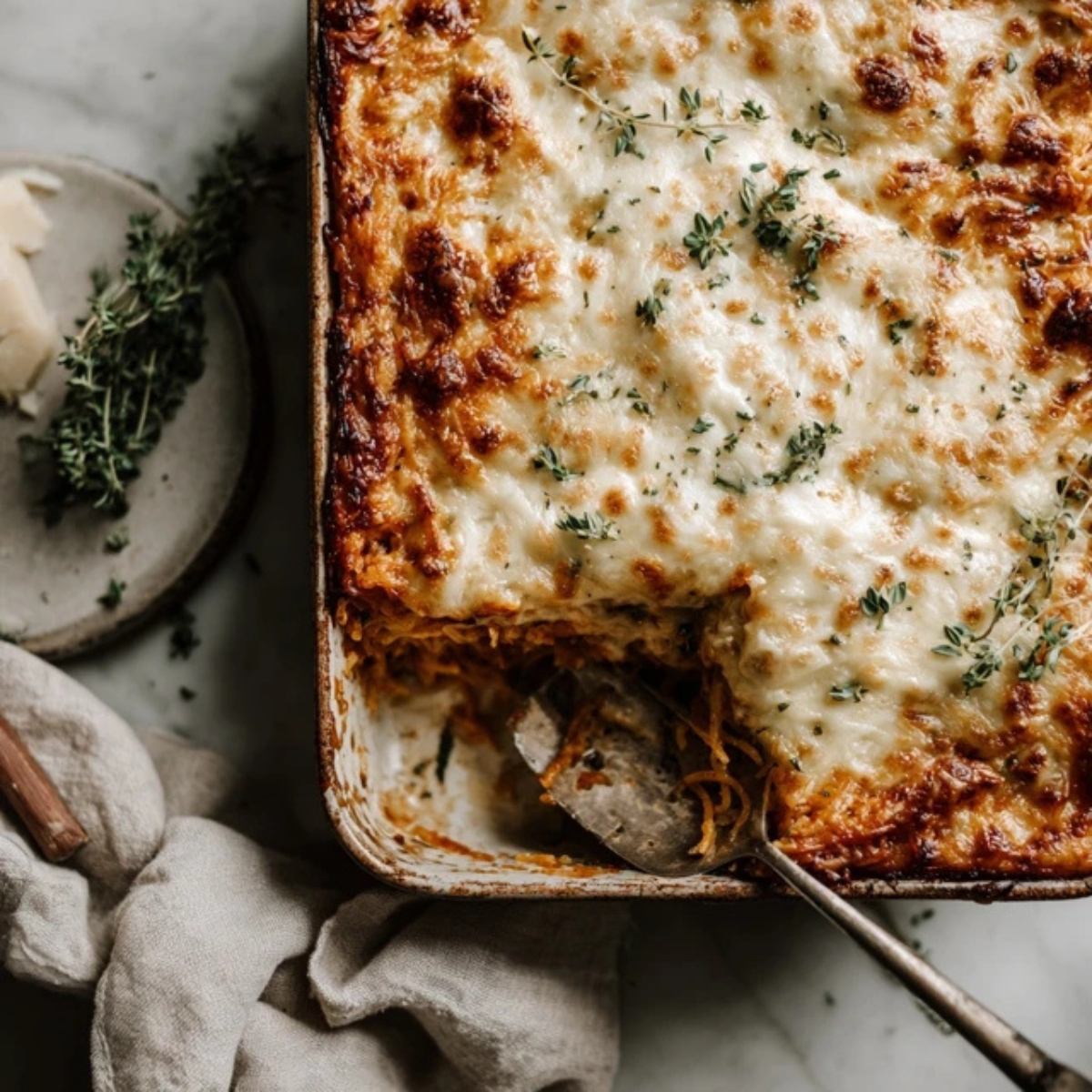 cheesy baked spaghetti squash casserole in baking dish