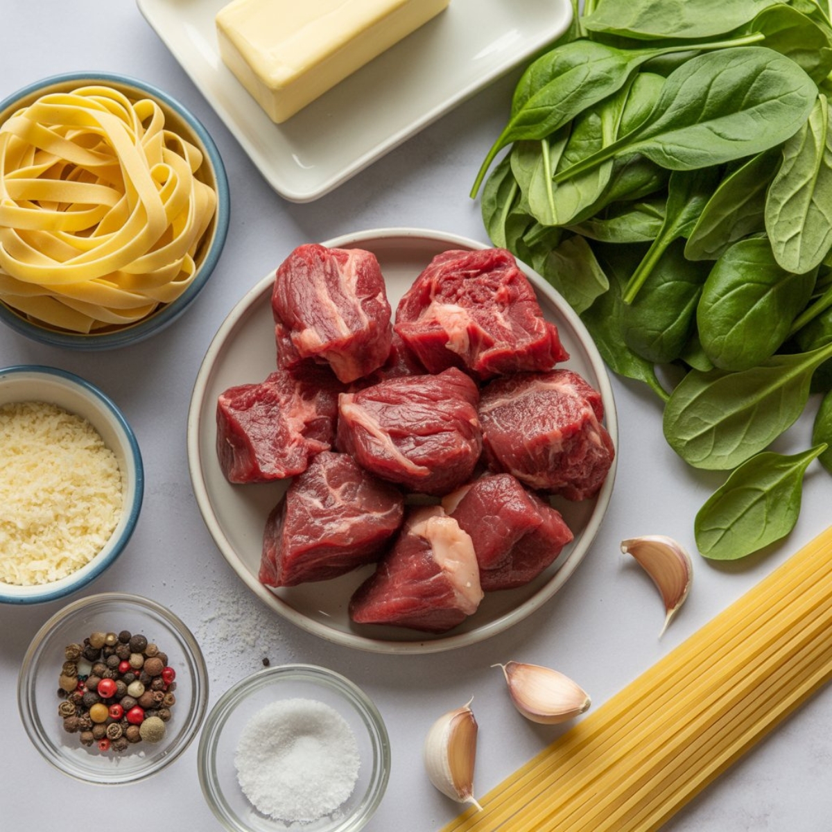 Ingredients for creamy steak pasta on white kitchen counter