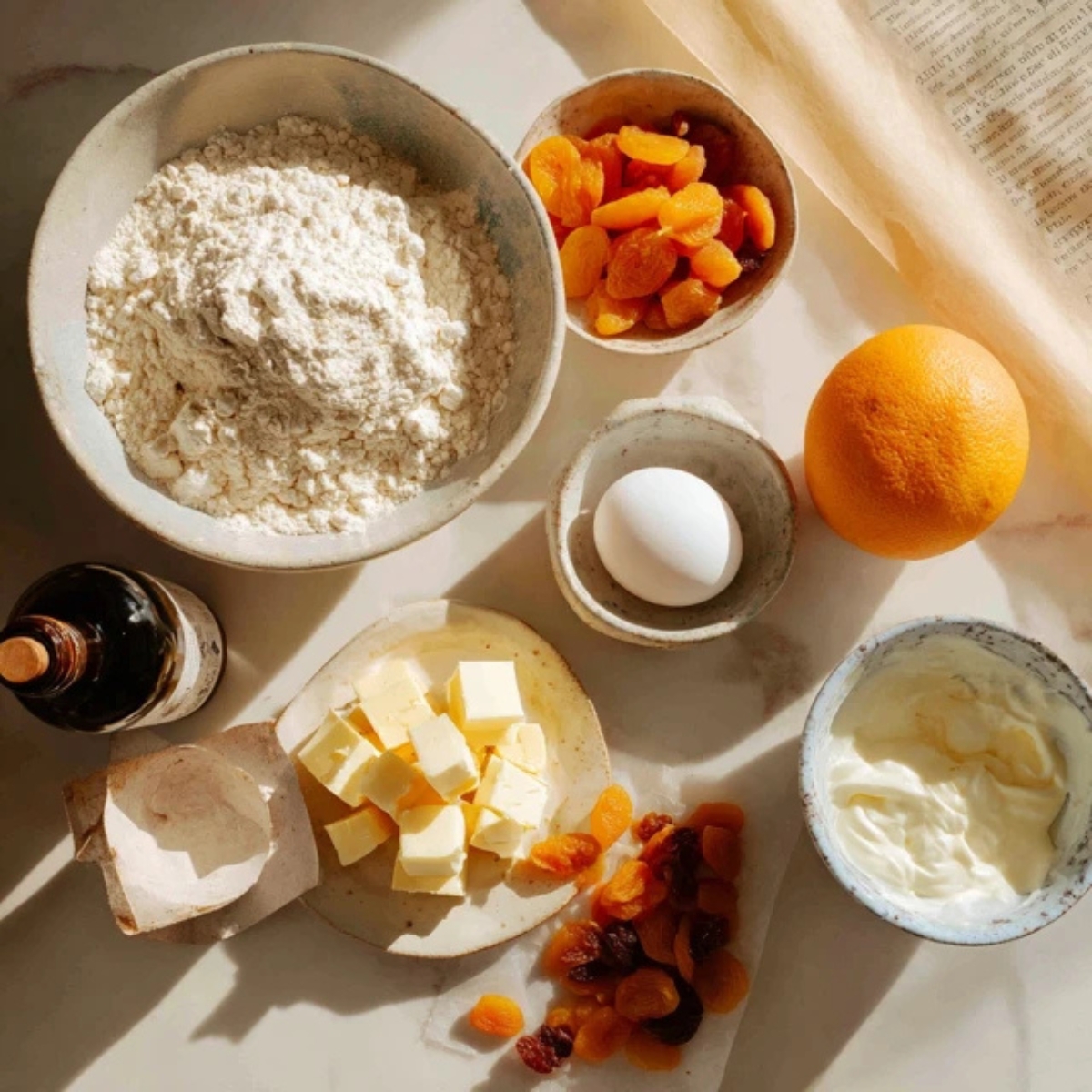 Apricot scone ingredients laid out on white kitchen counter

