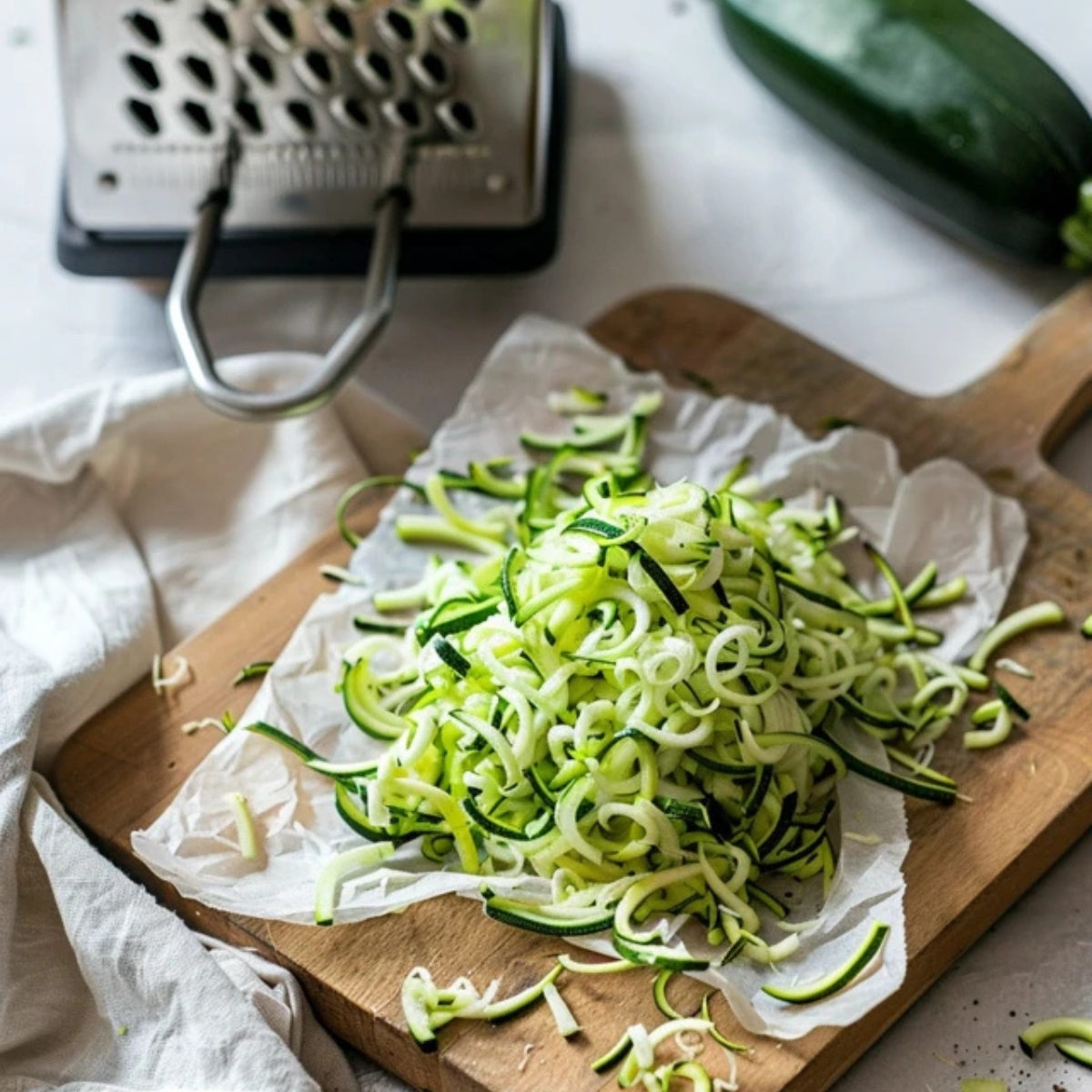 Grated zucchini with loaf pan and parchment on white counter